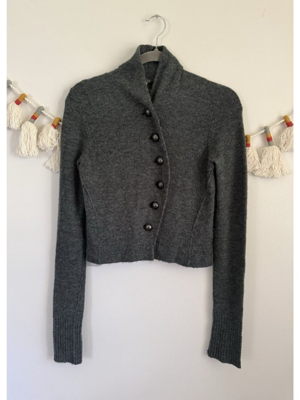 Free People Wool Blend Green Button Front Cardigan Military Preppy Cottage S